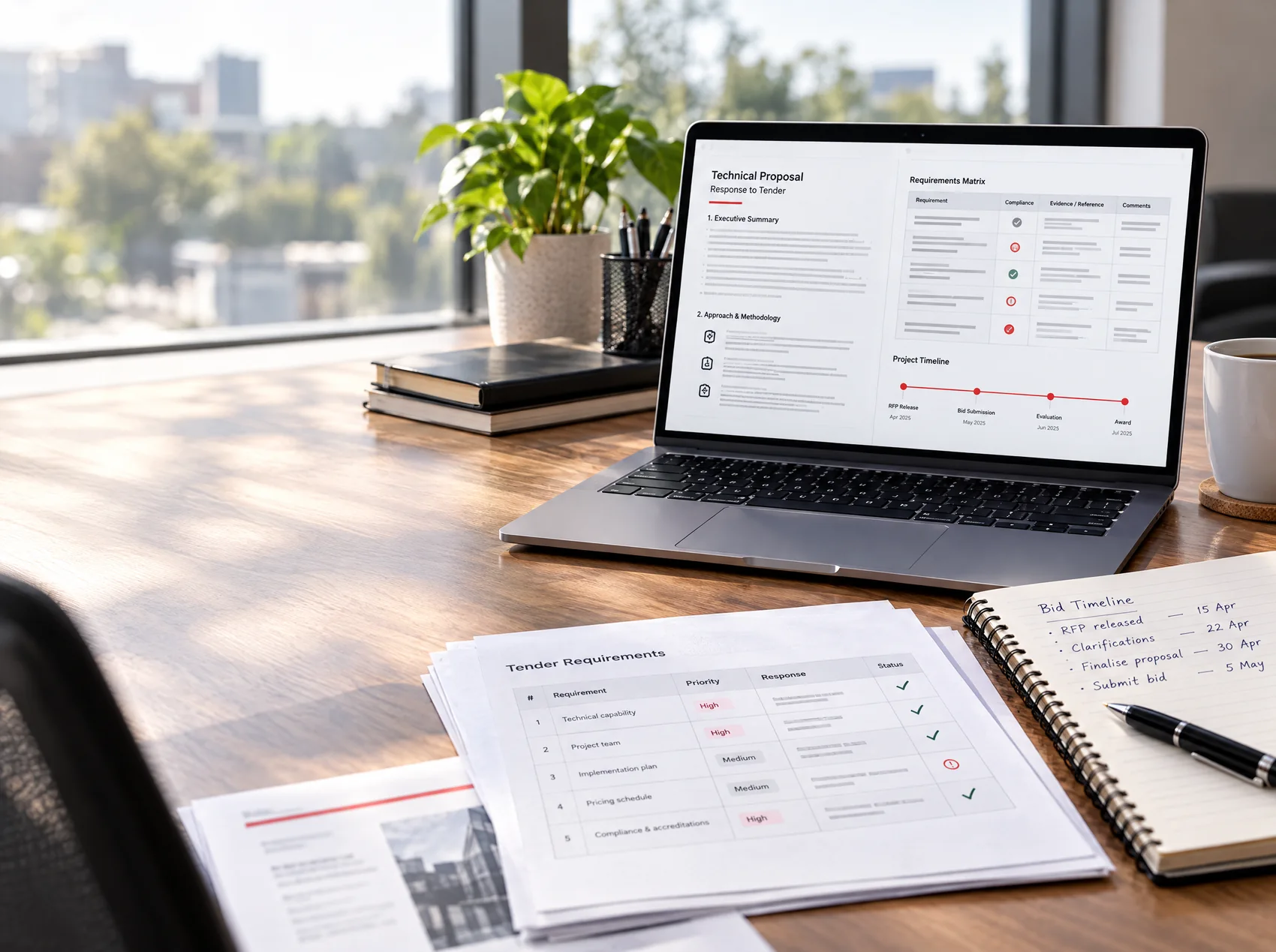 Illustrative tender workspace with a proposal, requirements matrix and bid timeline